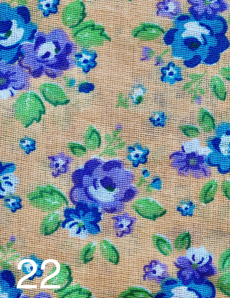 sweet blue flowers on beige fabric for little koko not-for-profit gift bags