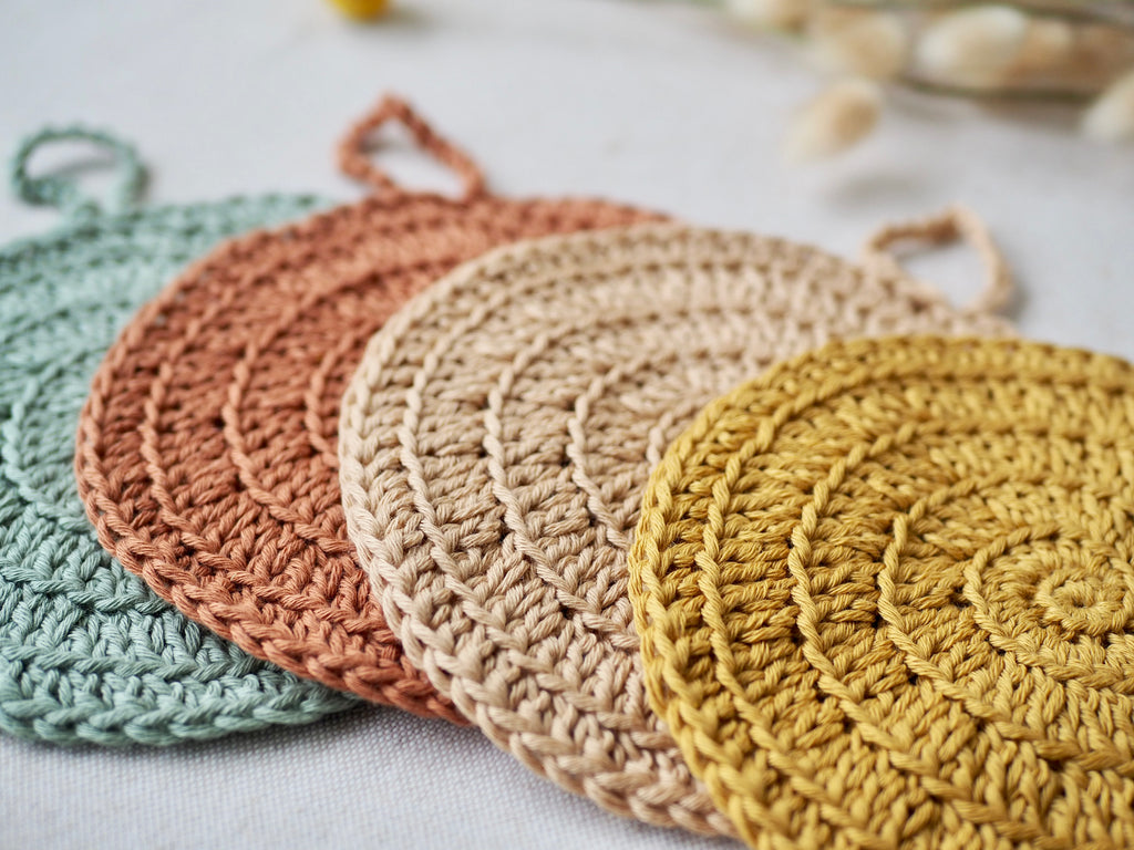 four crochet 100% organic cotton little koko wash cloths for baby bath time