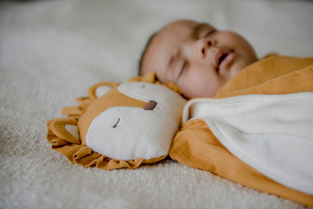 a baby swaddled in a little koko wrap sleeping with a little koko lion comforter